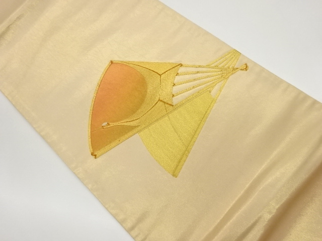 リサイクル　金駒刺繍扇に鶴模様袋帯